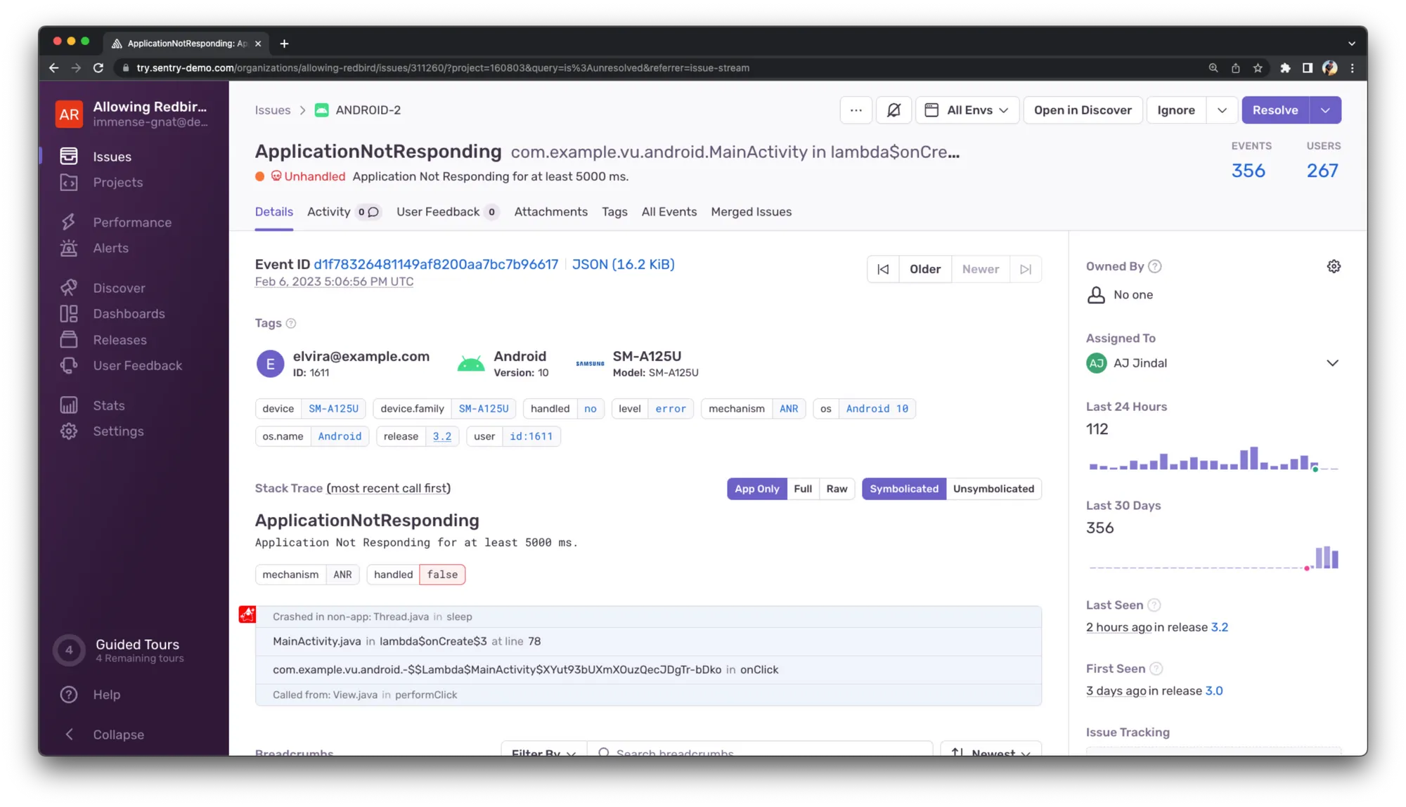 Sentry showing a Jetpack Compose error